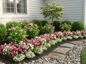 باغچه کوچک در حیاط خانه با لایه بندی گل‌های صورتی و سفید، درختچه‌های سبز در پس‌زمینه و مسیر سنگی با قلوه سنگ‌های طبیعی کنار دیوار خانه