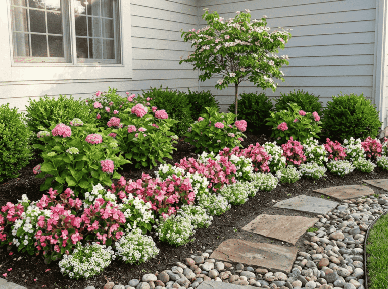 باغچه کوچک در حیاط خانه با لایه بندی گلهای صورتی و سفید، درختچههای سبز در پسزمینه و مسیر سنگی با قلوه سنگهای طبیعی کنار دیوار خانه