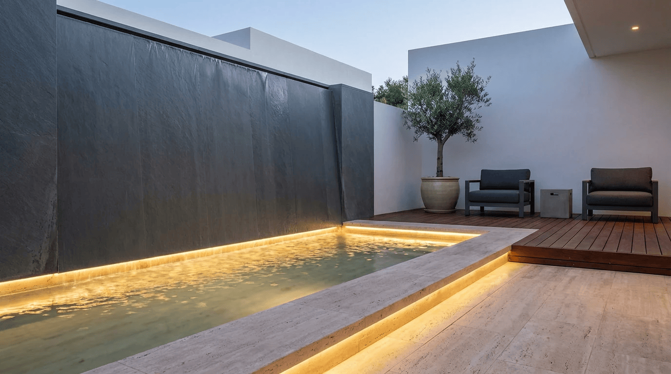 حیاط مدرن با استخر باریک کنار دیوار آب نما، نور خطی مخفی زرد ملایم و دک چوبی با مبلمان فضای باز