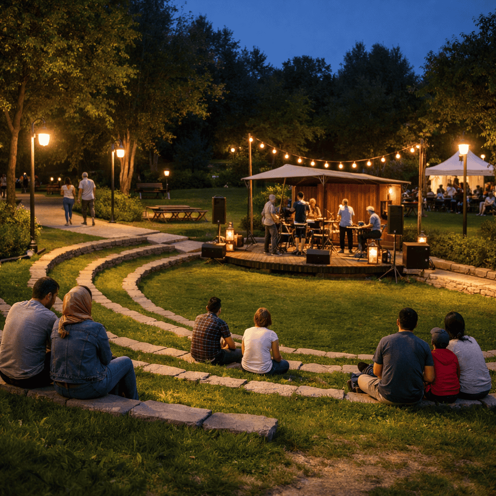آمفی تئاتر چمن نشین پارک در شب با اجرای محلی، حضور خانواده ها، چراغ های پارکی و ریسه های نوری