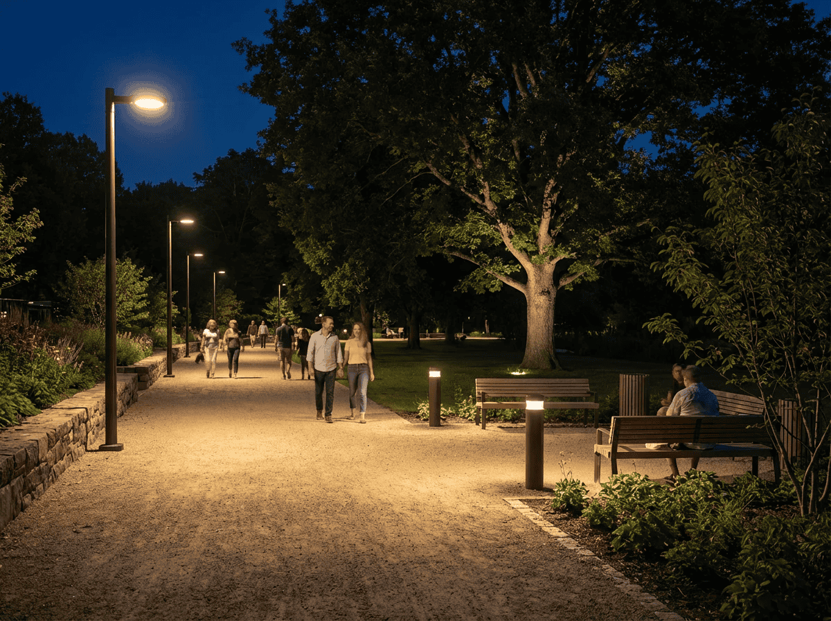 مسیر پیاده روی پارک در شب با چراغ های پایه بلند، چراغ های کوتاه کنار نیمکت ها و عبور عابران