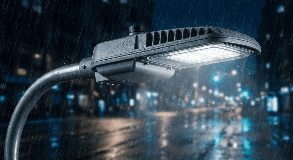 نمای نزدیک چراغ خیابانی LED روشن در شب بارانی با پس زمینه محو خیابان و نورهای شهری