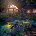 باغ در شب با چراغ های زیبا
