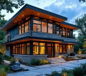 ویلای مدرن با نورپردازی زرد ملایم در میان فضای سرسبز با درختان و بوته‌ها