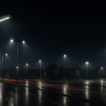 نمای شب بلوار شهری با چراغ خیابانی LED سرچراغی در امتداد مسیر و پارکینگ روشن در سمت راست؛ نور خنثی ۴۰۰۰K روی آسفالت خیس