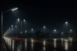 نمای شب بلوار شهری با چراغ خیابانی LED سرچراغی در امتداد مسیر و پارکینگ روشن در سمت راست؛ نور خنثی ۴۰۰۰K روی آسفالت خیس