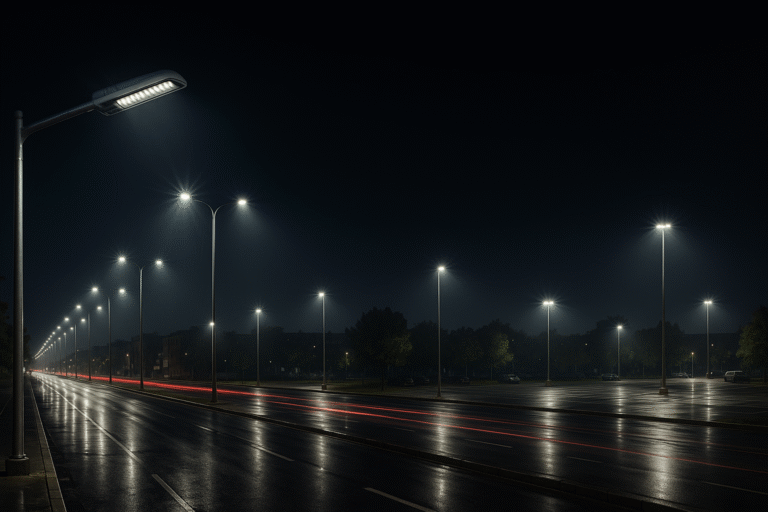 نمای شب بلوار شهری با چراغ خیابانی LED سرچراغی در امتداد مسیر و پارکینگ روشن در سمت راست؛ نور خنثی ۴۰۰۰K روی آسفالت خیس