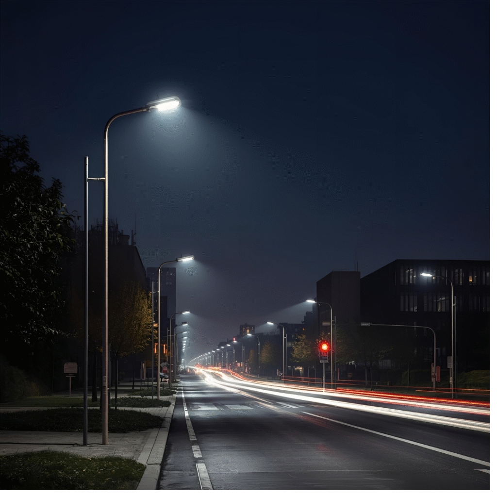 نمای شبانه یک خیابان اصلی با ردیف چراغ‌های خیابانی LED سرچراغی؛ رد نور خودروها در نوردهی طولانی، آسفالت مرطوب و پخش یکنواخت نور خنثی ۴۰۰۰K