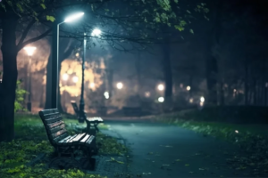 پارک خلوت در شب با مسیر پیاده روی، نیمکت های چوبی و چراغ پارکی ال ای دی که مسیر را روشن کرده است.