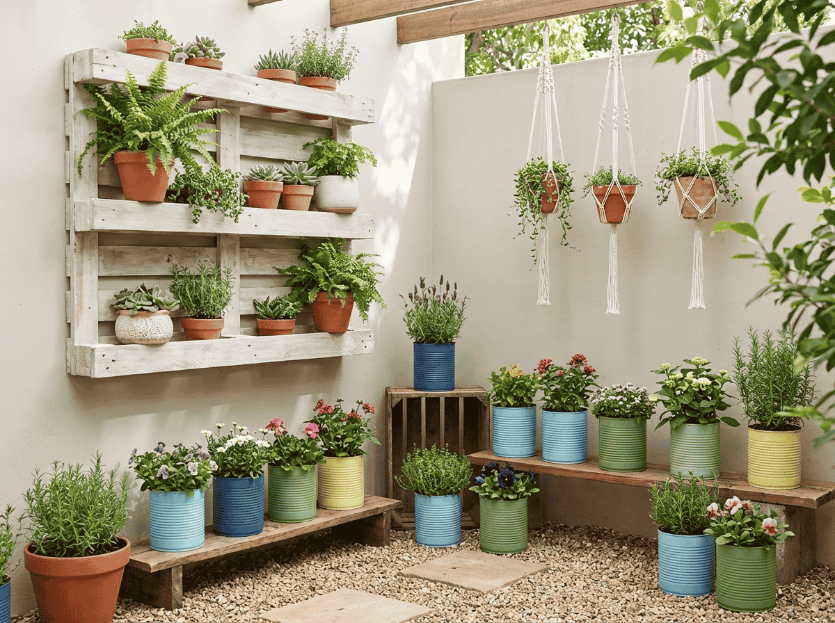 گوشه ای از حیاط با تزیینات خانگی باغچه؛ پالت چوبی نصب شده روی دیوار به عنوان قفسه گلدان، چند گلدان سفالی و ساکولنت روی آن، ردیف گلدان های رنگی روی نیمکت چوبی و گلدان های آویز طنابی در فضای حیاط