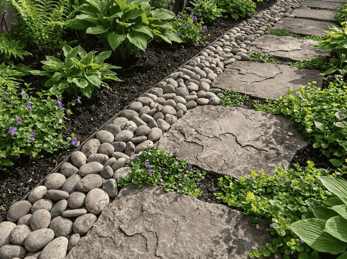 نمای نزدیک از مسیر سنگی stepping stone در باغچه که با نوار قلوه سنگ طبیعی حاشیه سازی شده و دو طرف آن پوشیده از گیاهان سبز و گل های بنفش کوچک است