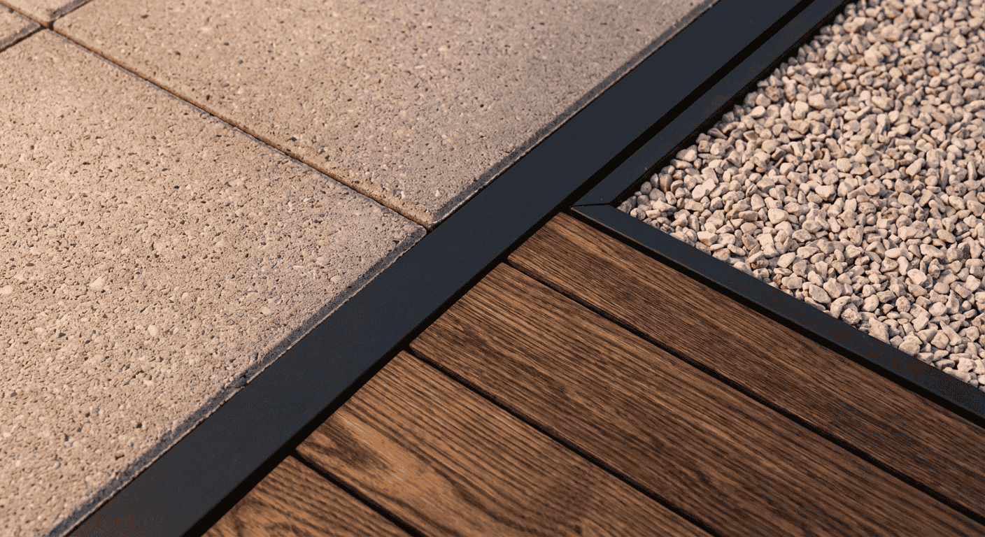 نمای نزدیک از کف سازی مدرن با تایل بتنی، چوب ترمو، سنگریزه تزئینی و پروفیل فلزی مشکی برای قاب بندی مسیر