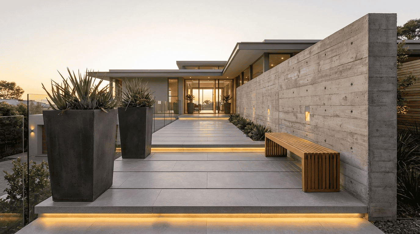 مسیر ورودی ویلا با کف روشن، دیوار بتن اکسپوز، نور مخفی زیر پله ها، گلدان های بزرگ و نیمکت چوبی