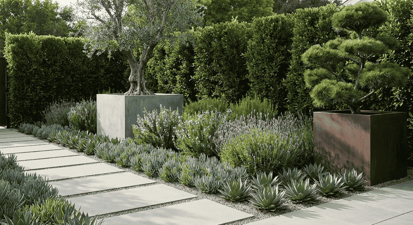 مسیر سنگی در حیاط مدرن با ساکولنت ها و گیاهان مقاوم، گلدان های مکعبی بزرگ و درخت زیتون در پس زمینه
