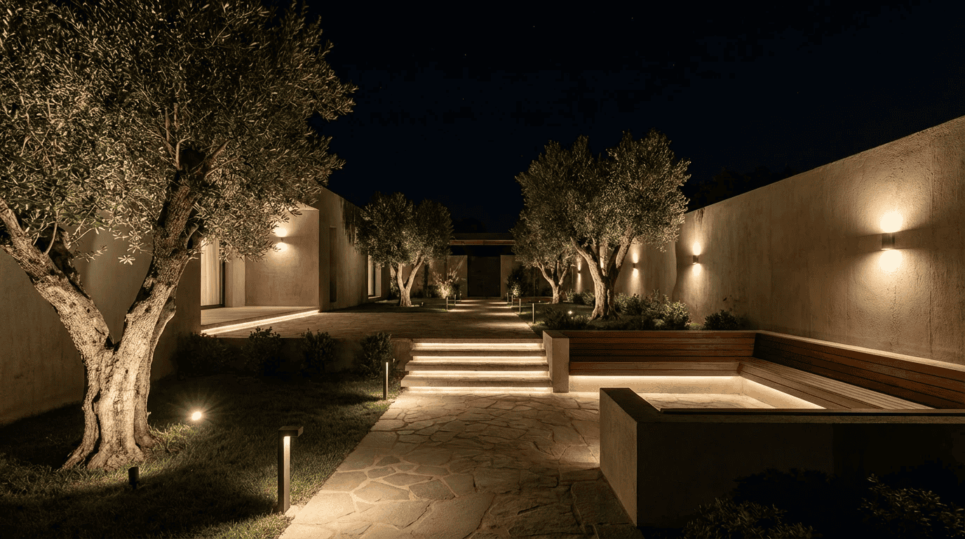 محوطه ویلا در شب با چراغ های بولارد در مسیر، نور تاکیدی روی درخت ها و چراغ های دیواری برای روشنایی ملایم و بدون خیرگی