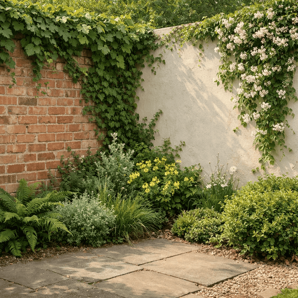 گوشه باغ با دیوار آجری و دیوار سفید، پوشیده از گیاهان رونده و سنگ‌فرش ساده برای محوطه‌سازی کم‌هزینه