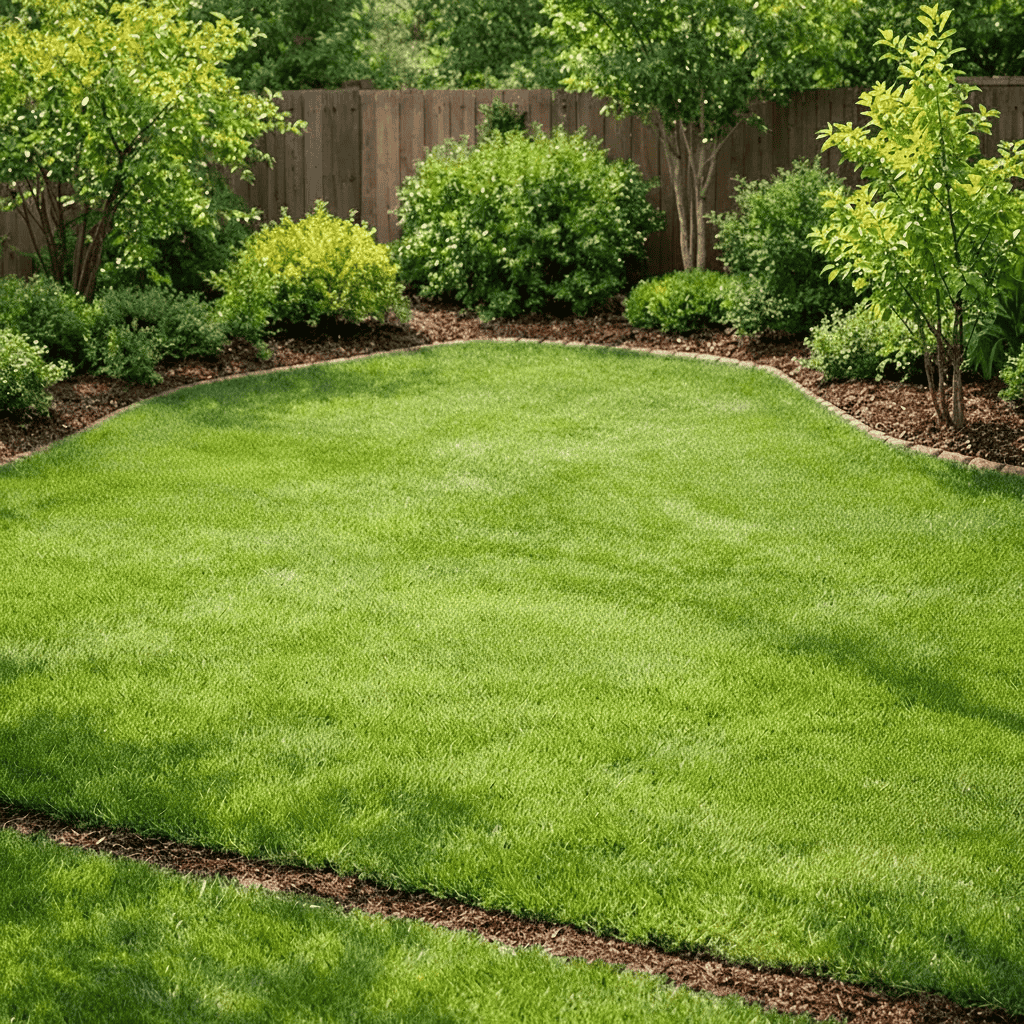 چمن طبیعی یکدست با لبه منحنی و باغچه‌های حاشیه‌ای، همراه بوته‌ها و درختچه‌ها در حیاط