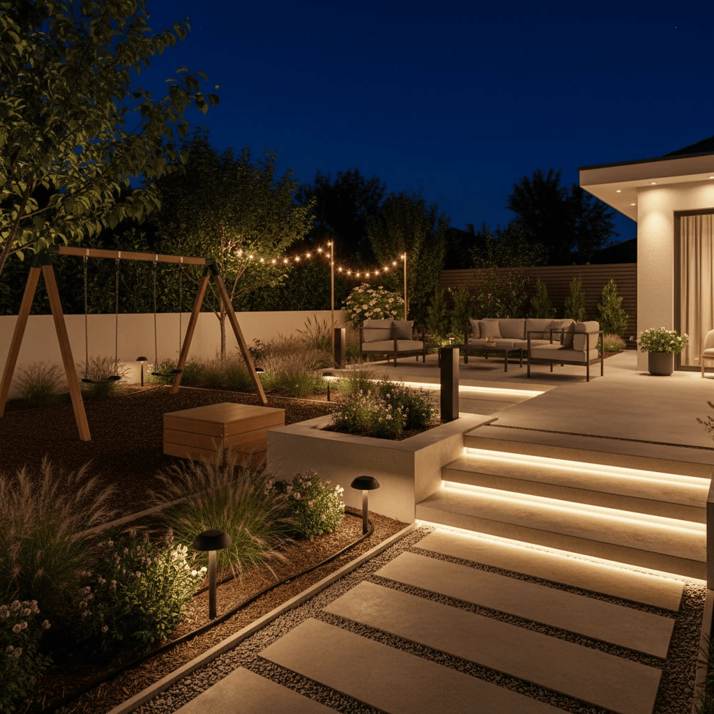 حیاط مدرن در شب با نورپردازی LED زیر پله‌ها، چراغ‌های مسیر، ریسه نوری و فضای نشیمن کنار تراس