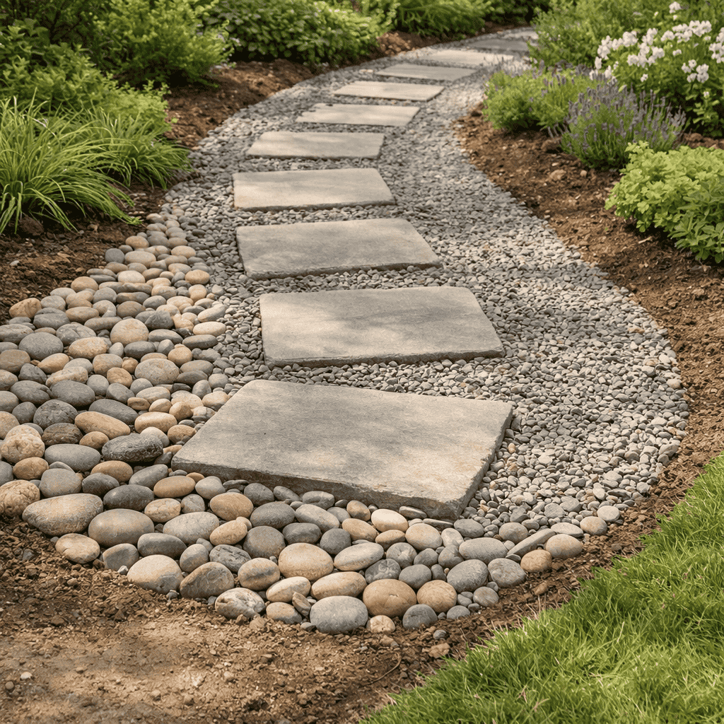 مسیر پیاده‌روی باغ با سنگ‌های پله‌ای روی شن و سنگ‌ریزه، حاشیه قلوه‌سنگ رودخانه‌ای و گیاهان حاشیه‌ای