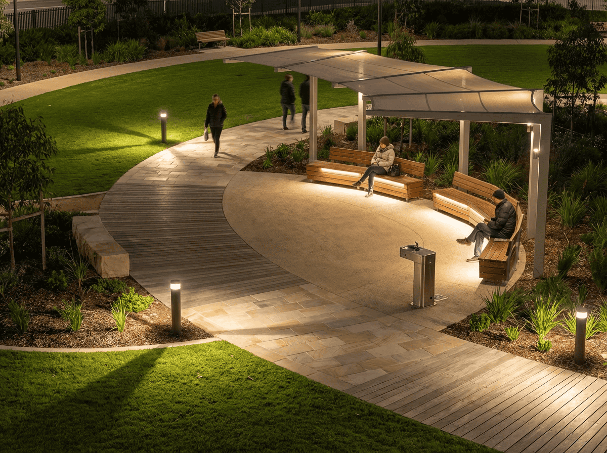 فضای نشیمن پارک زیر سایه بان با نیمکت های منحنی و چراغ های کوتاه مسیر برای روشنایی امن شب