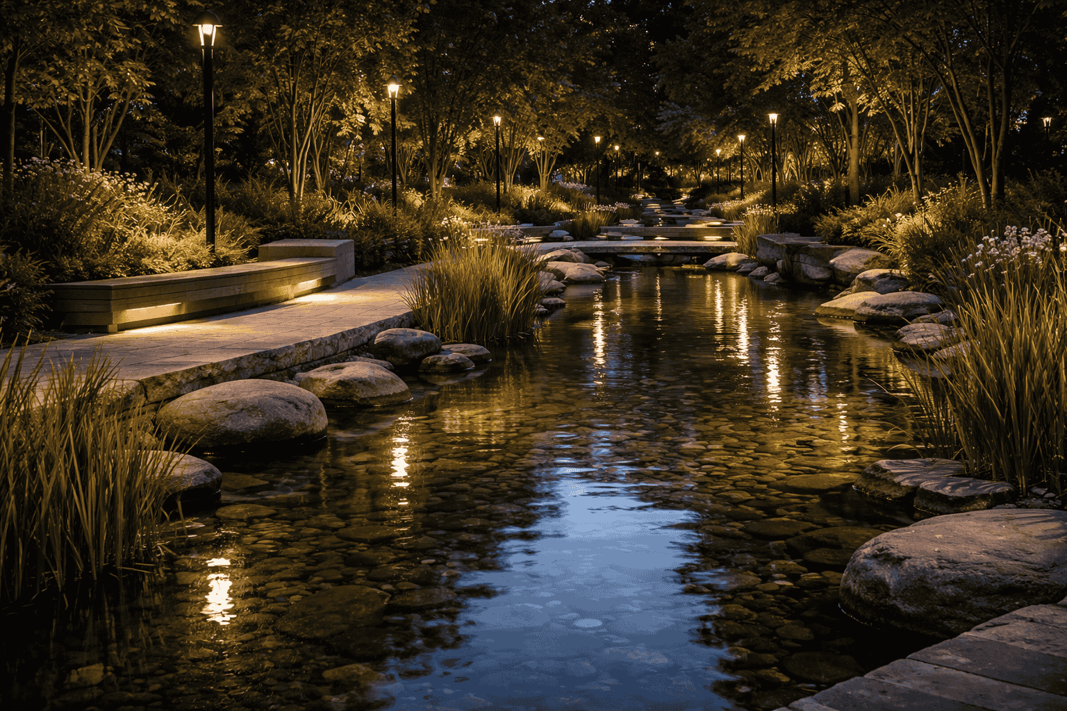 آبراهه کم عمق پارک با سنگ های طبیعی در شب و نورپردازی مسیر و فضای سبز اطراف
