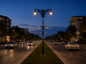 چراغ مدرن خیابانی دوطرفه نصب‌شده در وسط بلوار برای روشنایی خیابان و زیباسازی فضای شهری در شب